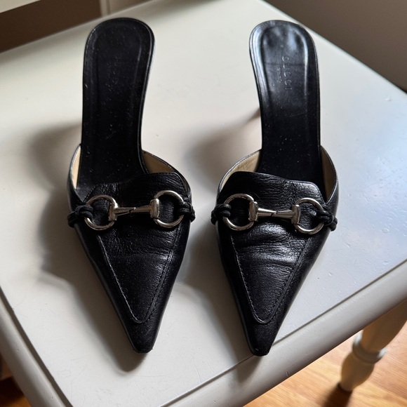Gucci Black Leather Mules with Silver Accent - Picture 1 of 4